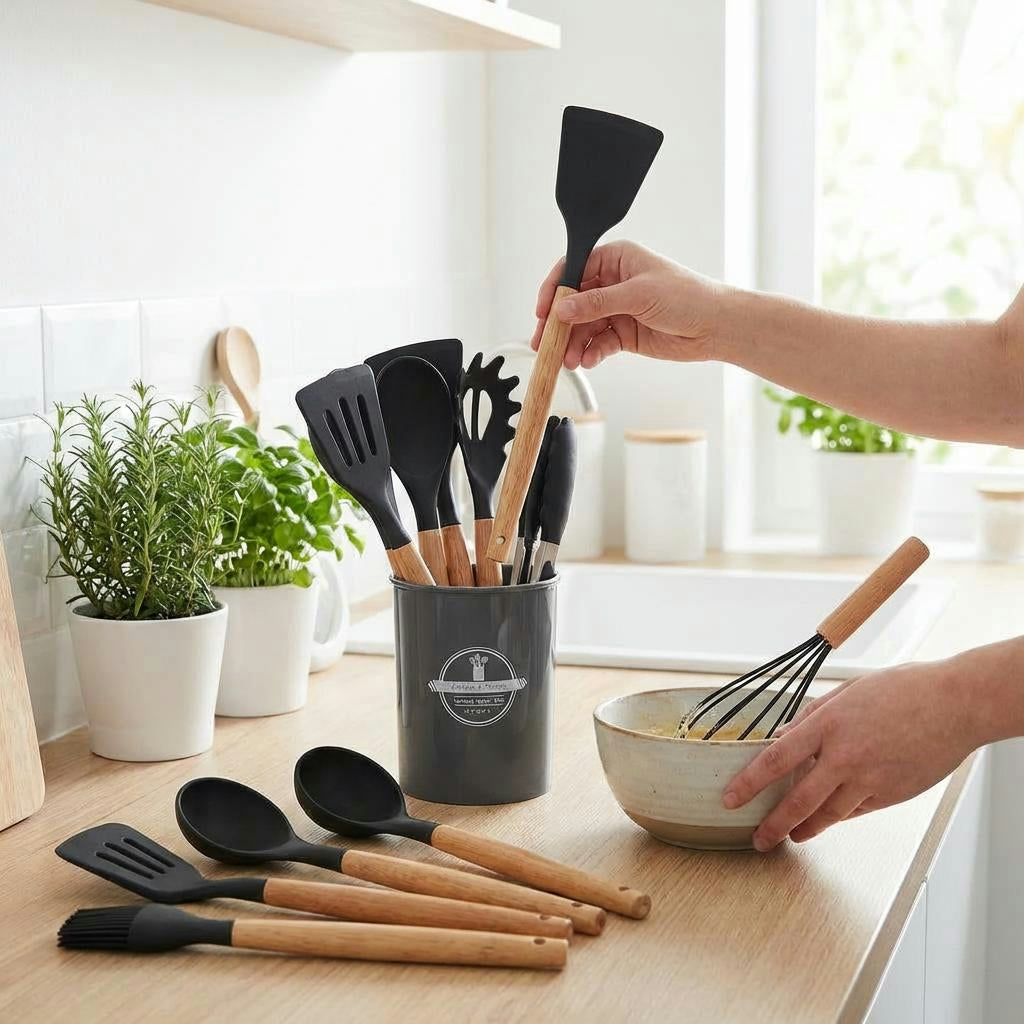 12-Piece Silicone Cooking Utensil Set – Heat-Safe Tools with Holder