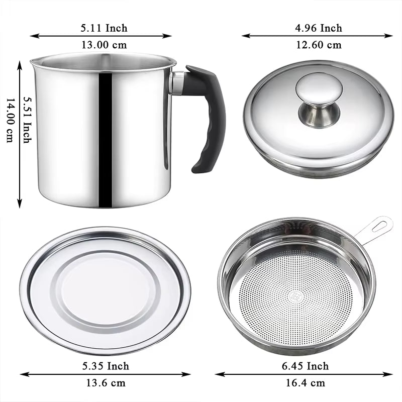1.4L Oil Strainer Pot, Fine Mesh, Fast Filtering, Lid