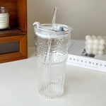 Load image into Gallery viewer, 600Ml Stripe Glass Cup w/ Lid &amp; Straw – Milk Tea, Juice, Coffee
