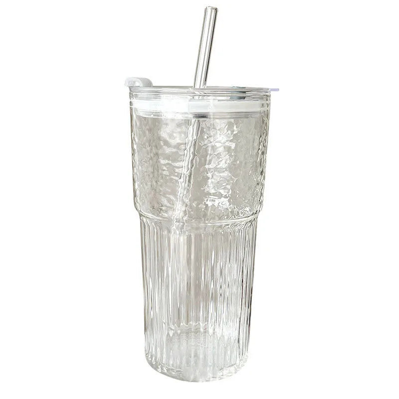 600Ml Stripe Glass Cup w/ Lid & Straw – Milk Tea, Juice, Coffee