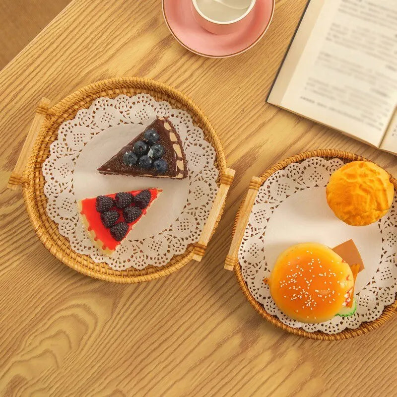 1PC Round Rattan Snack & Bread Tray – Woven, Picnic, Decor