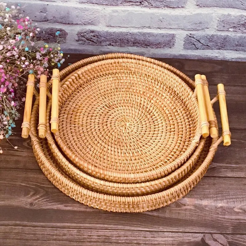 1PC Round Rattan Snack & Bread Tray – Woven, Picnic, Decor