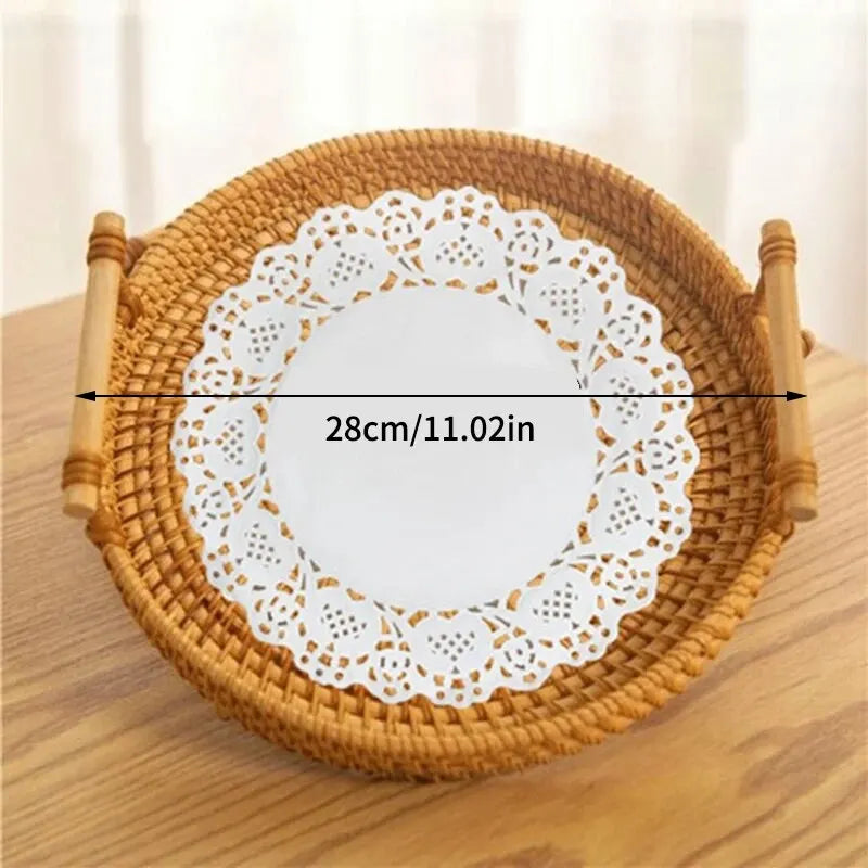 1PC Round Rattan Snack & Bread Tray – Woven, Picnic, Decor