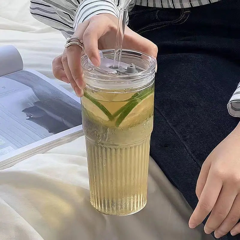 600Ml Stripe Glass Cup w/ Lid & Straw – Milk Tea, Juice, Coffee