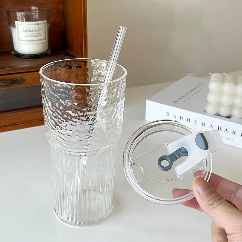 600Ml Stripe Glass Cup w/ Lid & Straw – Milk Tea, Juice, Coffee