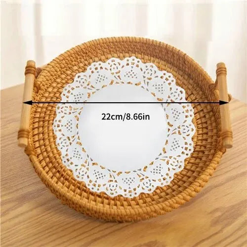1PC Round Rattan Snack & Bread Tray – Woven, Picnic, Decor