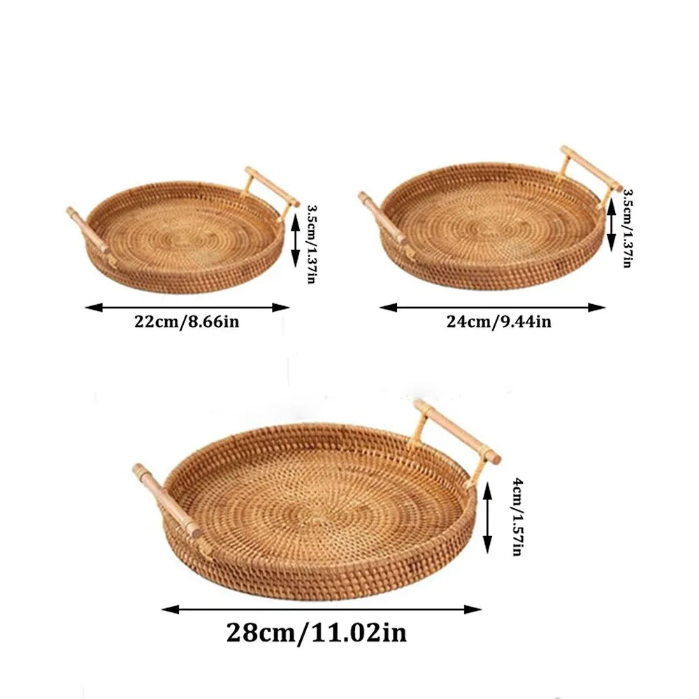 1PC Round Rattan Snack & Bread Tray – Woven, Picnic, Decor