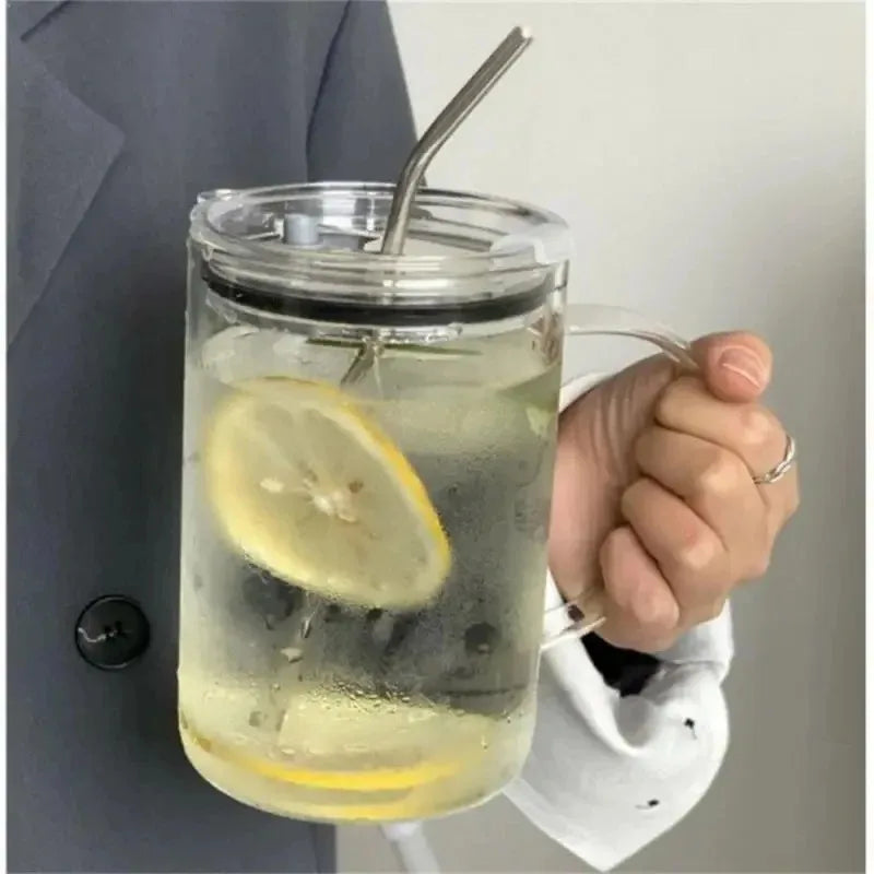 1000ML Glass Tumbler with Lid & Straw – Coffee, Juice, Milk