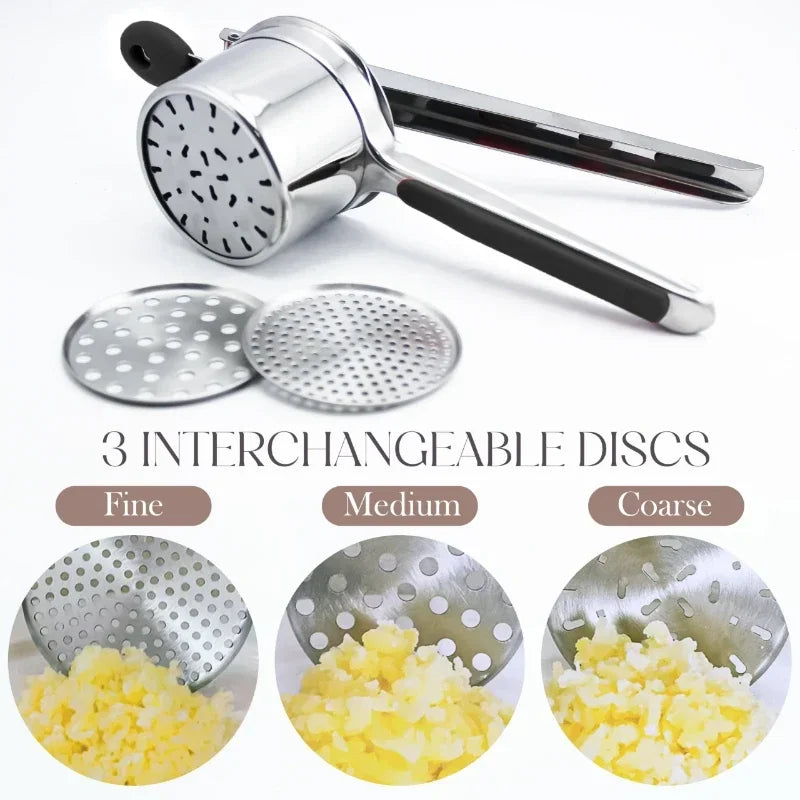 Stainless Steel Potato Masher & Press with 3/4 Discs Cutter