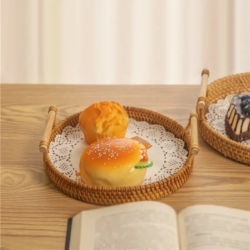 1PC Round Rattan Snack & Bread Tray – Woven, Picnic, Decor