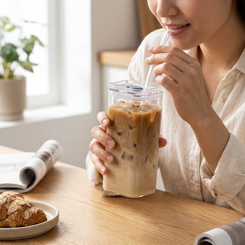 Square Glass Cup – Heat Resistant Drinkware with Lid & Straw