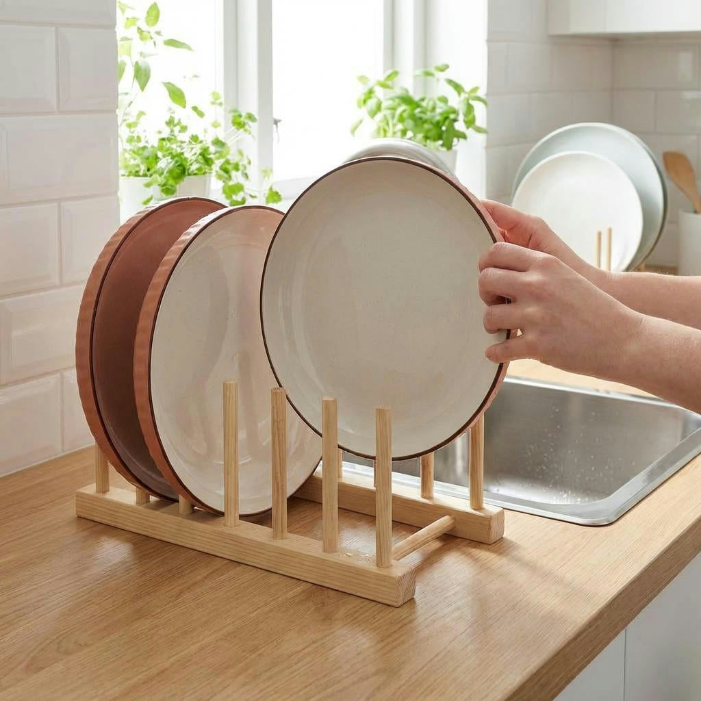 Wooden Kitchen Drying Rack – Space-Saving Plate & Lid Stand