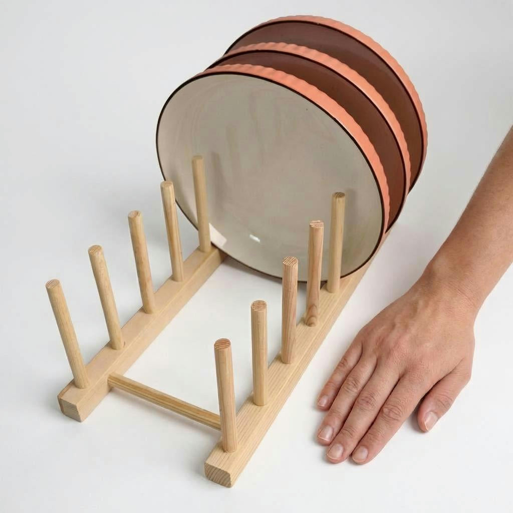Wooden Kitchen Drying Rack – Space-Saving Plate & Lid Stand