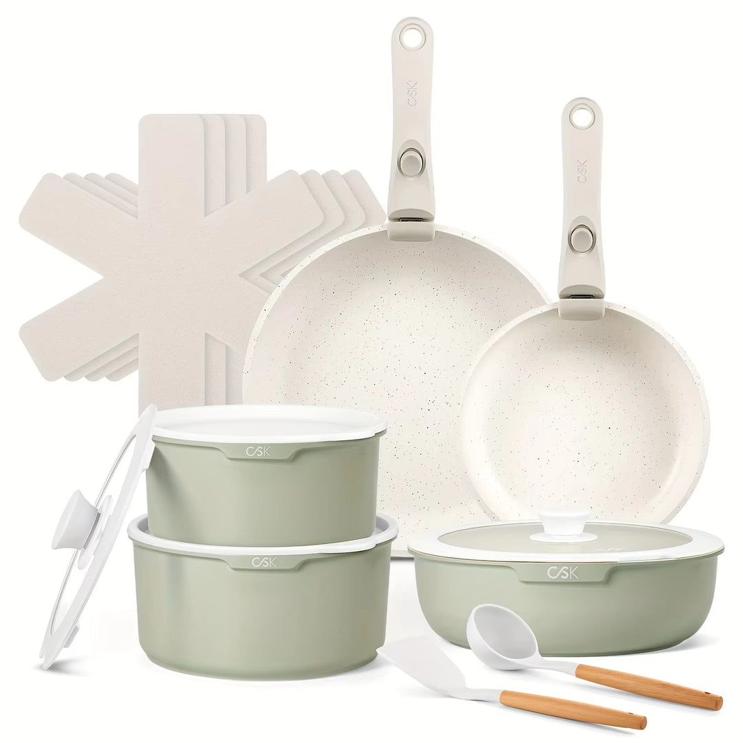 17PCS Non-Stick Cookware Set, Detachable Handles, Induction Ready