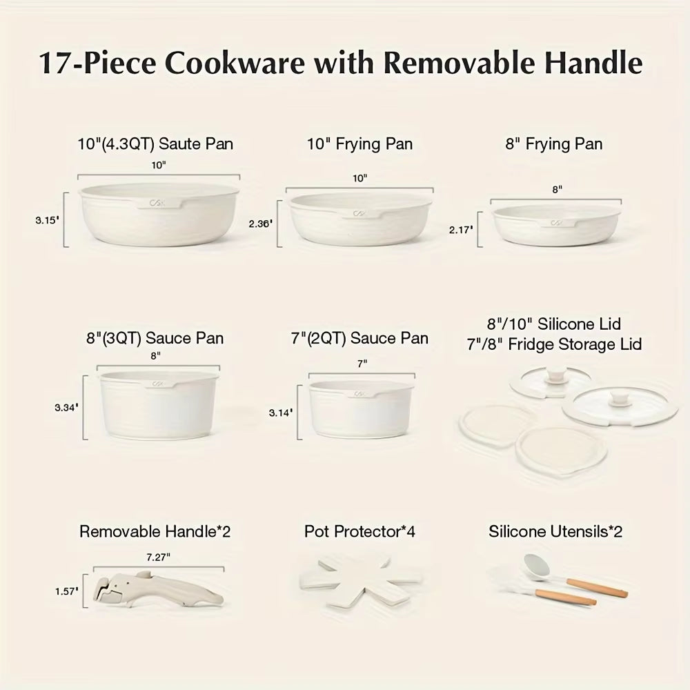 17PCS Non-Stick Cookware Set, Detachable Handles, Induction Ready