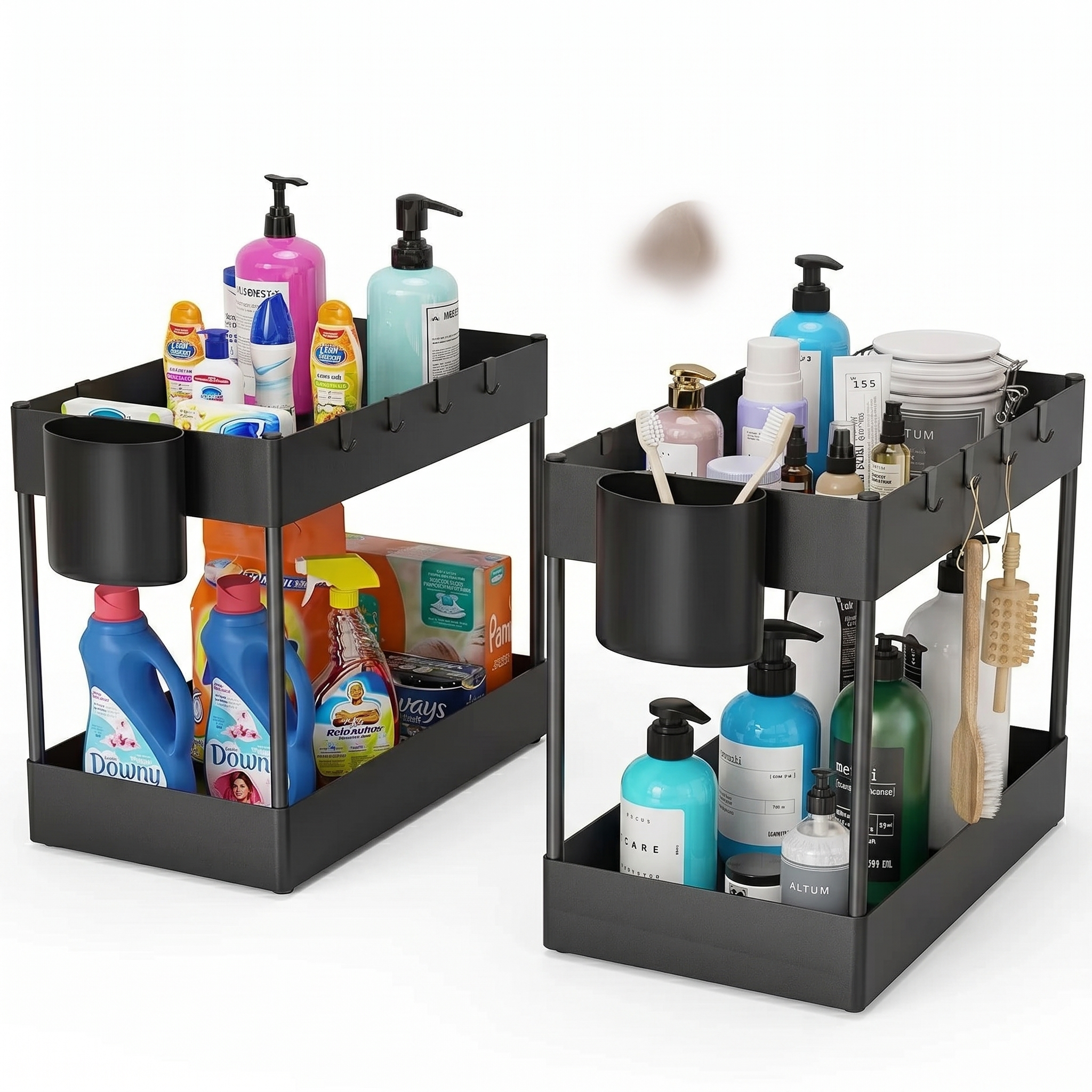 2-Tier Under-Sink Sliding Cabinet Organizer Rack with Hooks