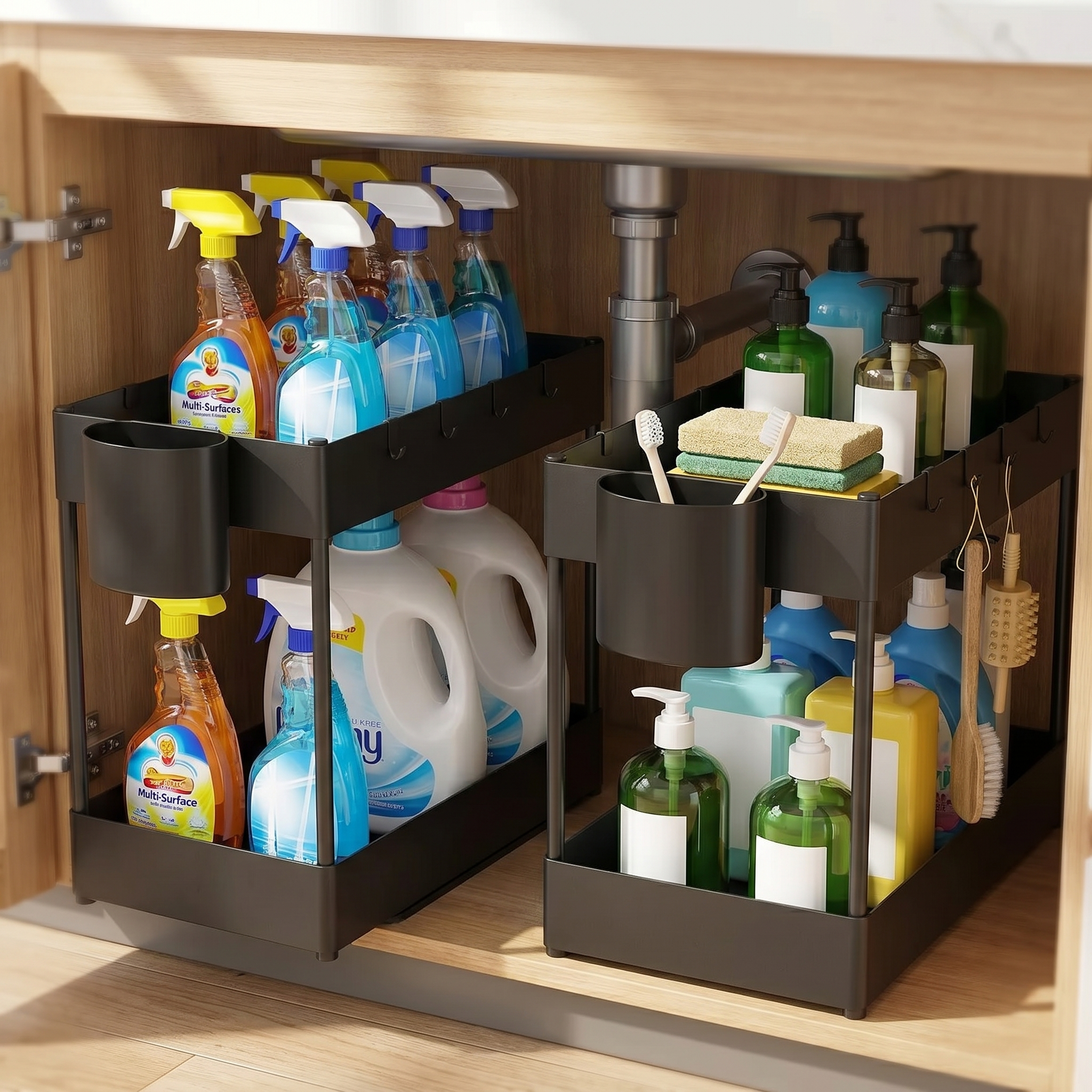 2-Tier Under-Sink Sliding Cabinet Organizer Rack with Hooks