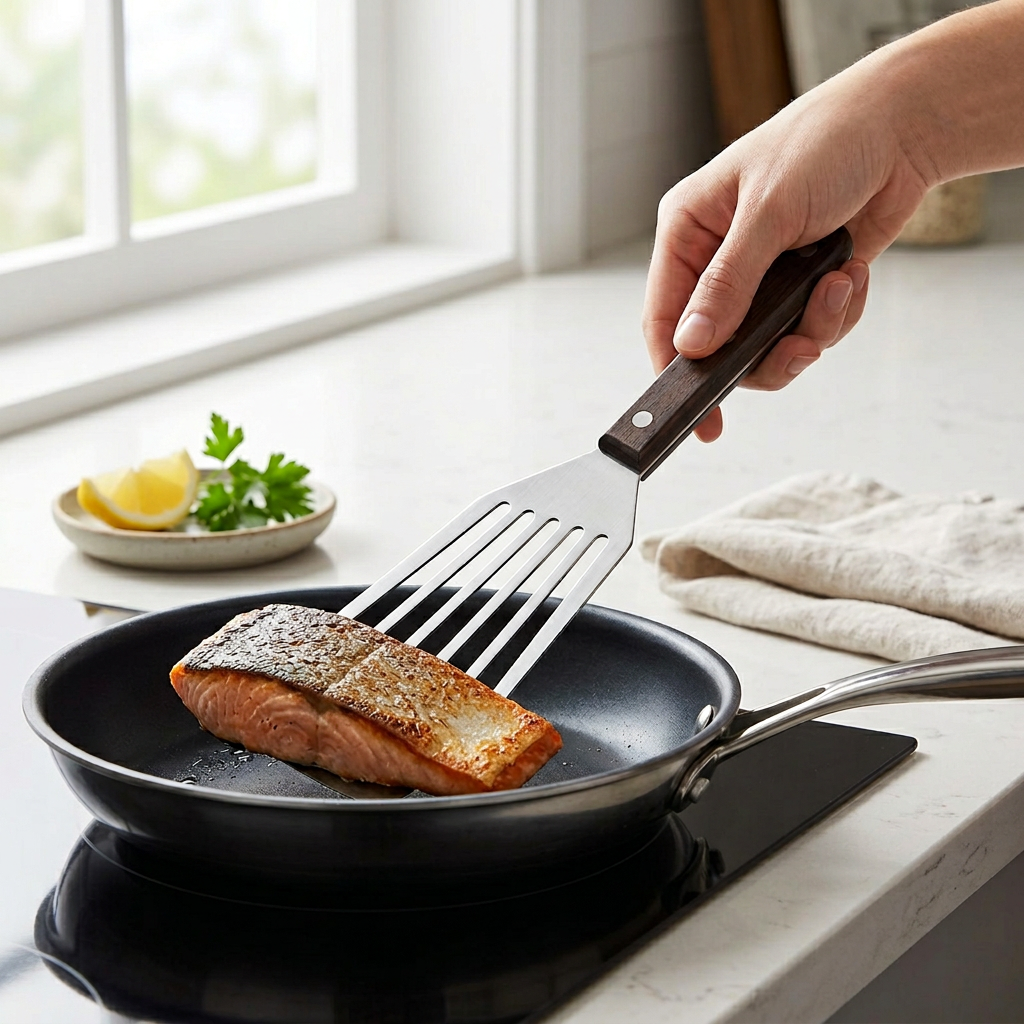 Stainless Steel Spatula – Gentle Flip & Wooden Handle