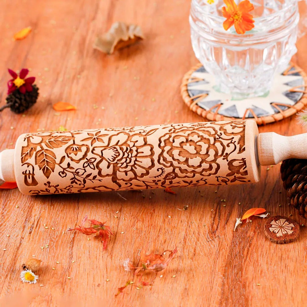 Sunflower Embossed Wooden Rolling Pin for Baking Cookies