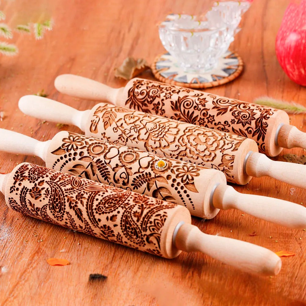 Sunflower Embossed Wooden Rolling Pin for Baking Cookies