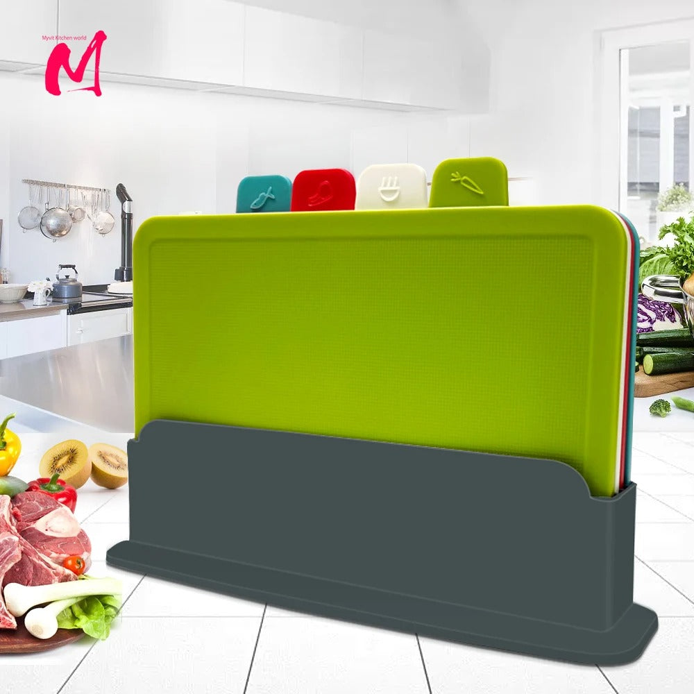 4pcs Plastic Cutting Boards with Holder - Antibacterial, Dishwasher Safe