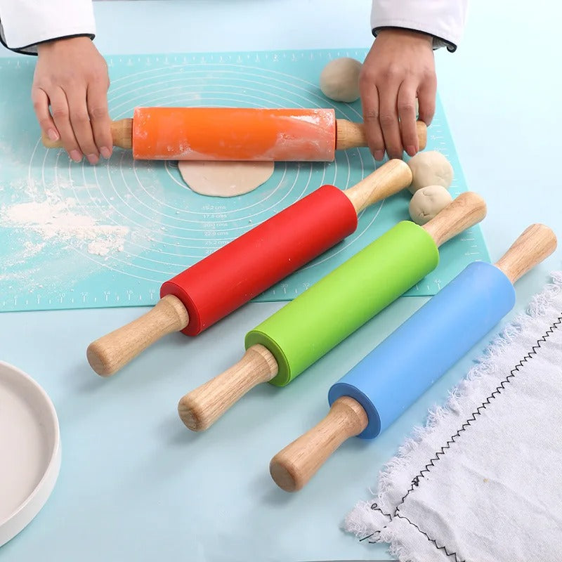 Silicone Rolling Pin Non-Stick with Wooden Handle Baking