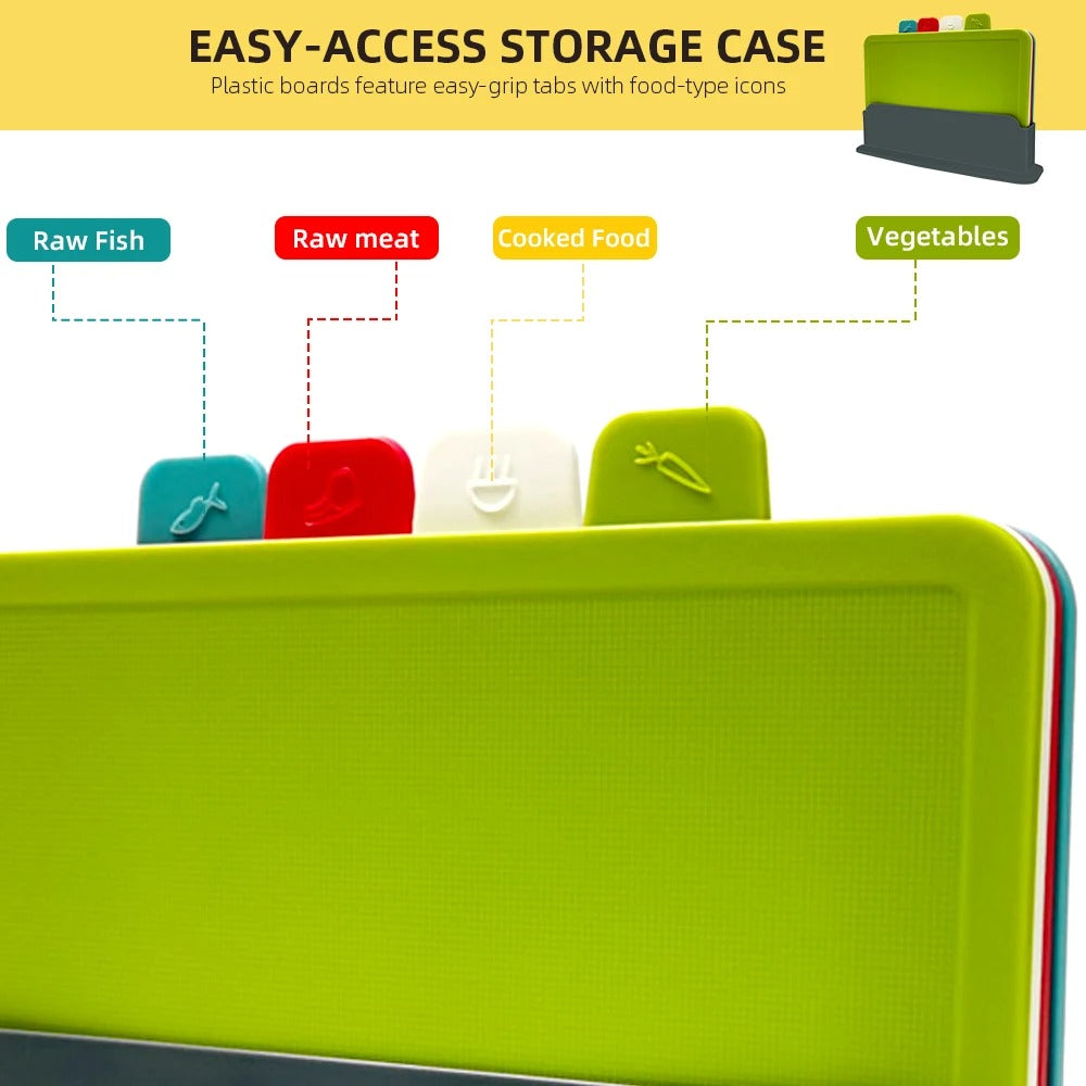 4pcs Plastic Cutting Boards with Holder - Antibacterial, Dishwasher Safe
