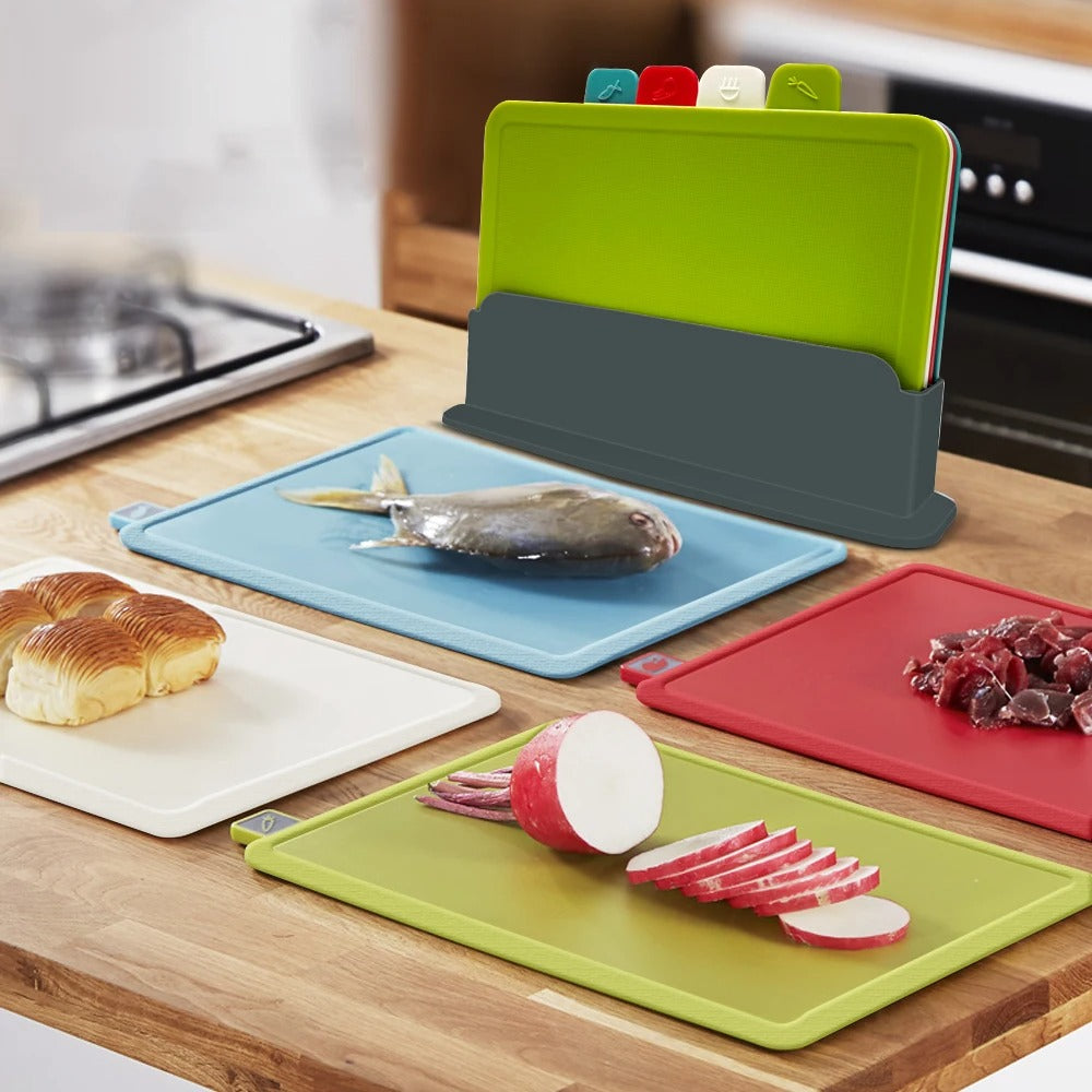 4pcs Plastic Cutting Boards with Holder - Antibacterial, Dishwasher Safe