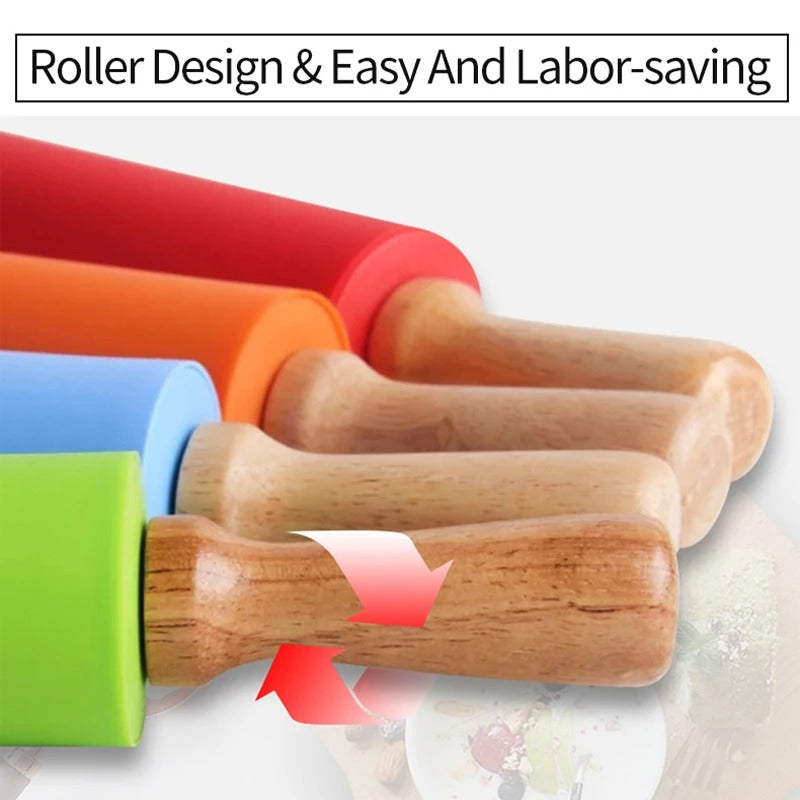 Silicone Rolling Pin Non-Stick with Wooden Handle Baking