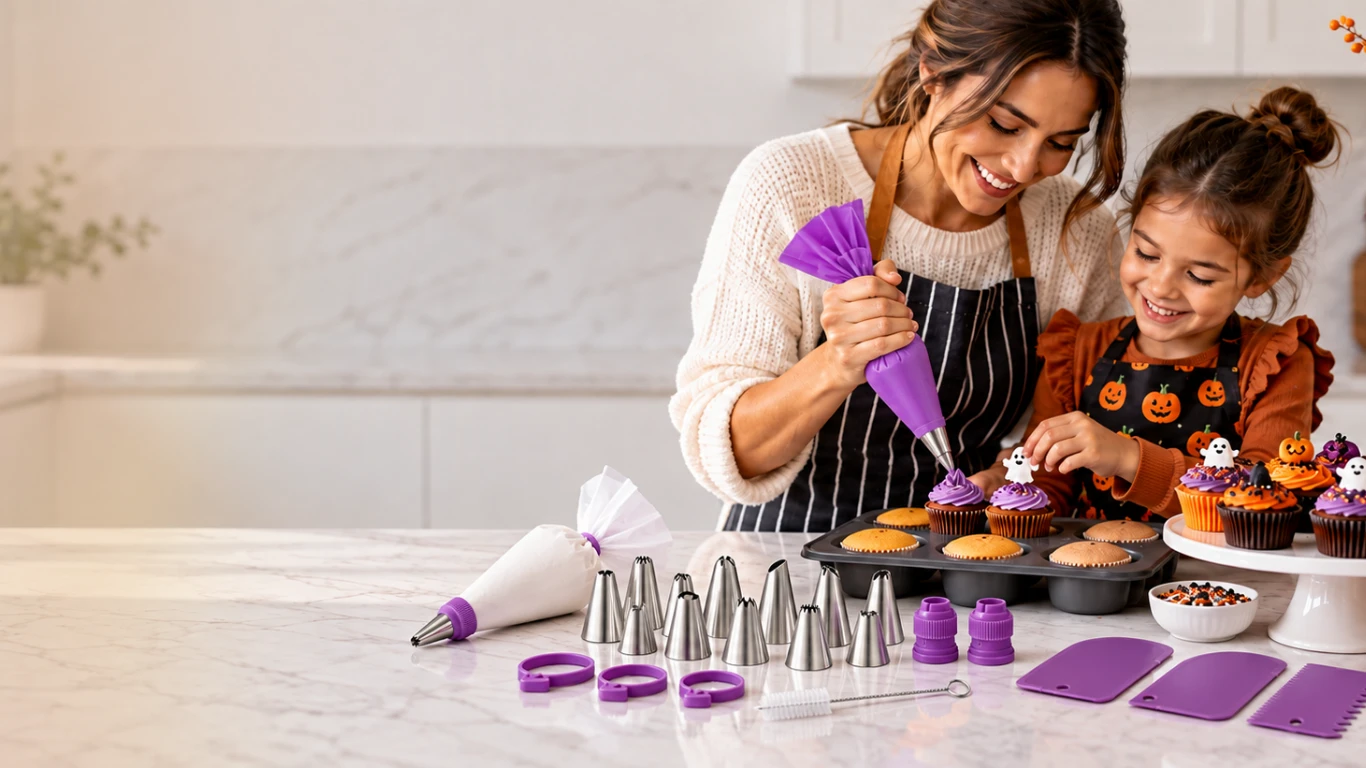 A mother and daughter piping purple frosting onto Halloween cupcakes at a marble counter