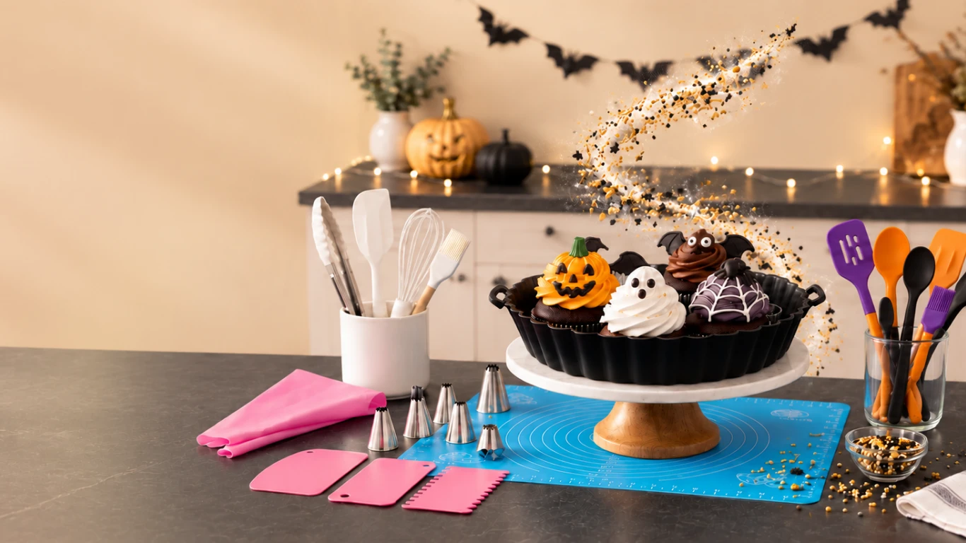 Pumpkin, ghost, bat and spider-web cupcakes on a cake stand with silicone utensils, piping bag and a kneading mat